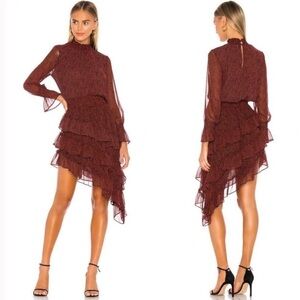 Misa Los Angeles Burgundy Asymmetrical Ruffled Dress